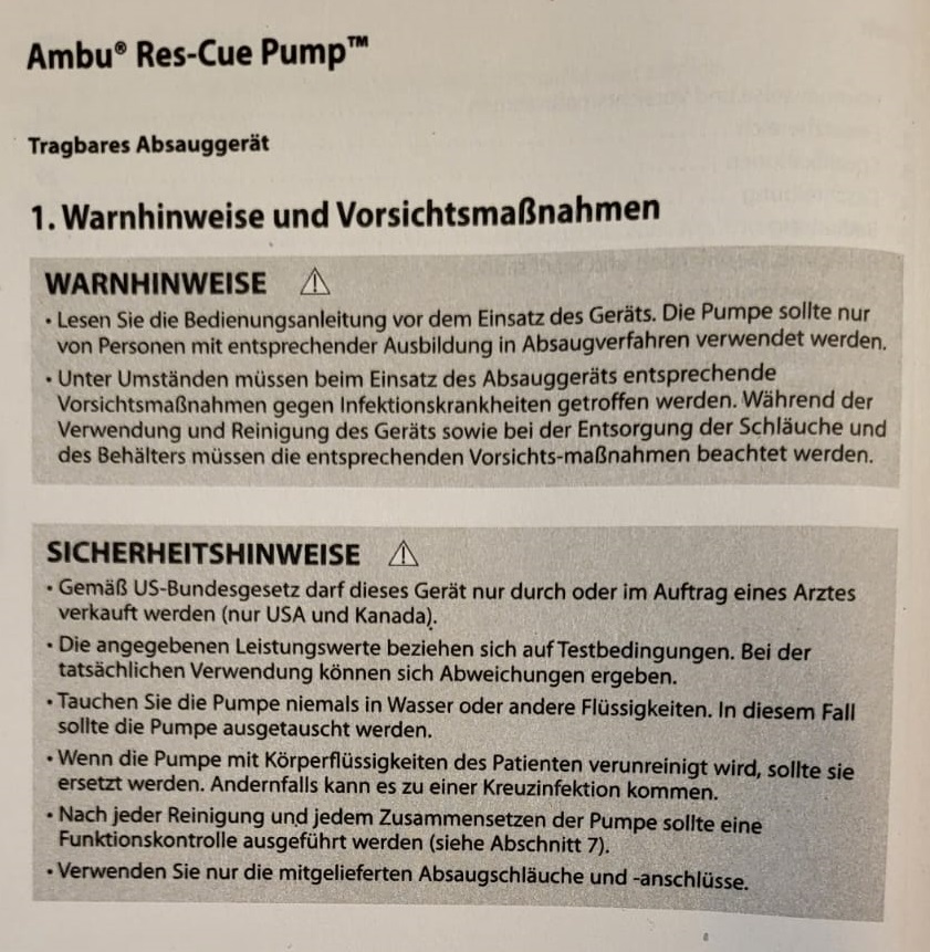 Warnhinweise Ambu RescuePump Absaugpumpe